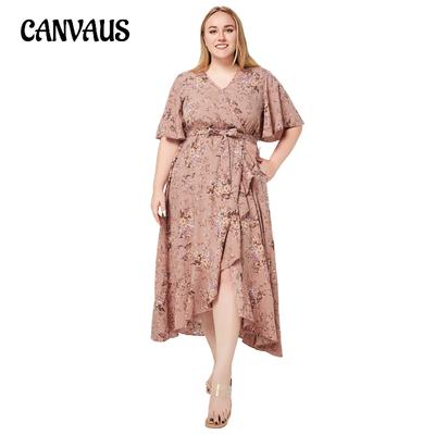 Summer Women's Dress Plus Size V-Neck Short Sleeve Ruffle Printed Pocket Dresses