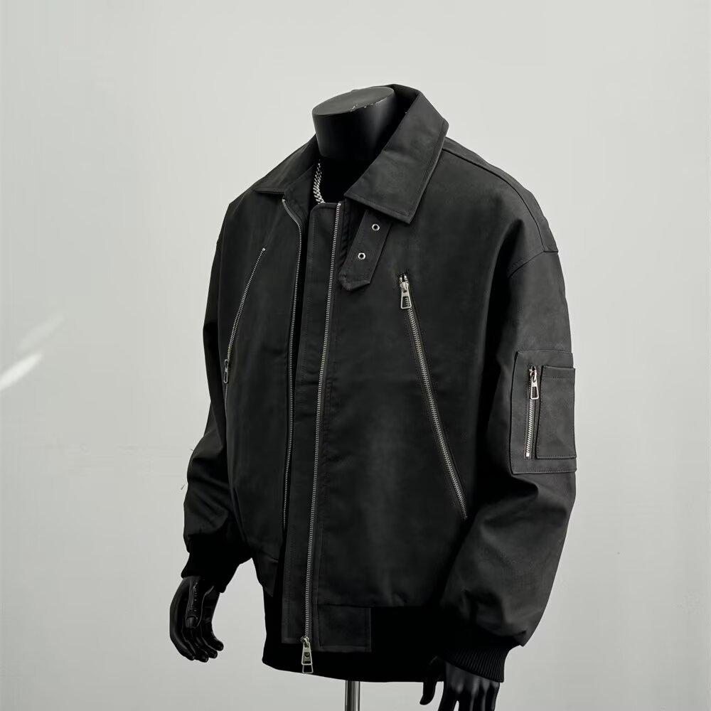 Men's Trendy Maillard Brown Leather Motorcycle Bomber Jacket with Lapel and Zipper