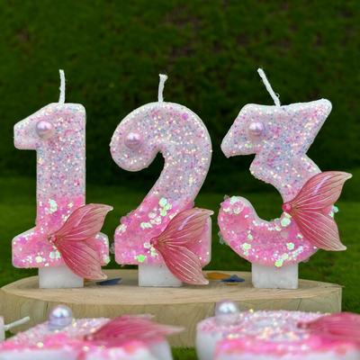3D Pink Fishtail Number Candles Birthday Cake Candles Digital Candle Decor Cake Topper Birthday Party Anniversary Decoration