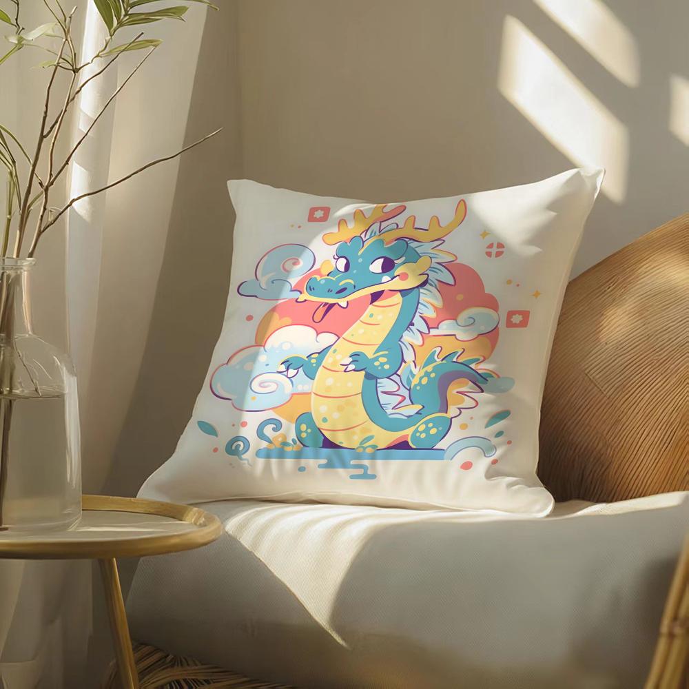 Cartoon Of Oriental Dragon Illustration Pillow Case Double-Sided Plush Sofa Cushion Covers Organic Breathable Invisible Zipper
