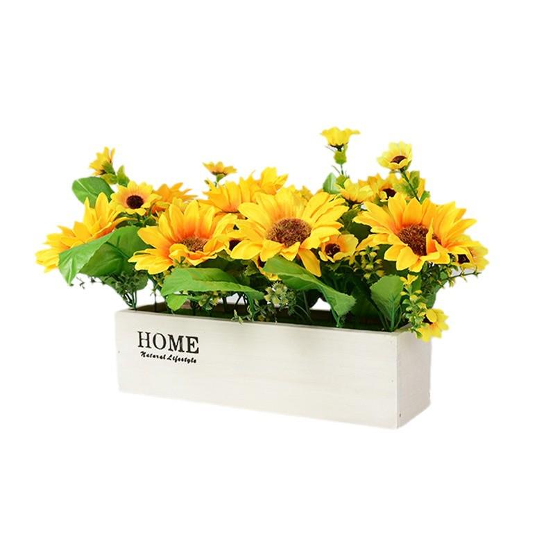 Cross-border Sunflower Small Potted Plant with Wooden Fence Base for Wedding Decor & Photography Props