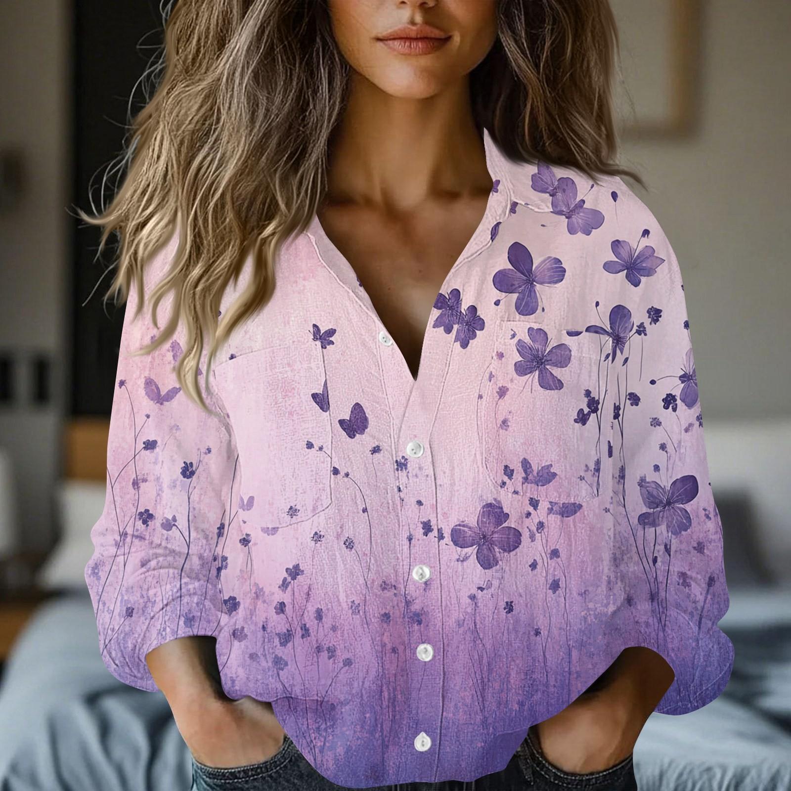 

Жіночі бавовняно-лляні топи, сорочки з довгим рукавом, вільні футболки, вінтажні блузки XXL фіолетовий