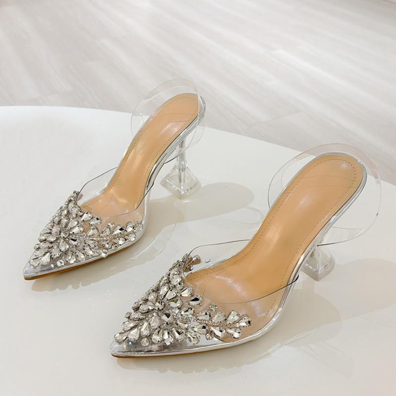 Elegant Pointed Toe Clear High Heels Wedding Prom Shoes Fashion Crystal Diamond Rivet PVC Transparent Sandals Women Pumps