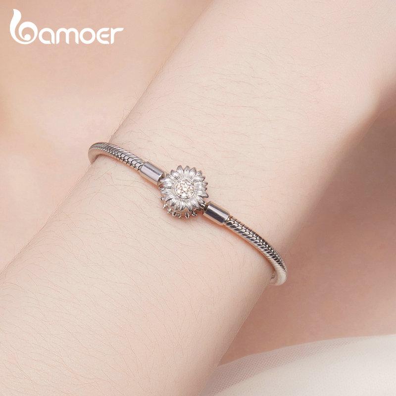 BAMOER 925 Sterling Silber Sonnenblume Basic Armband Schlangenkette Armband für Frauen Charms DIY Feinschmuck