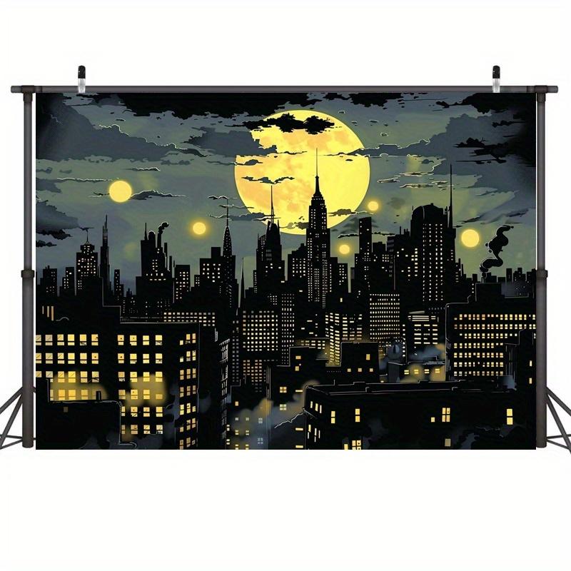 Superhero City Skyline with Bat Background - Bright polyester party banner, suitable for photography, birthdays and events