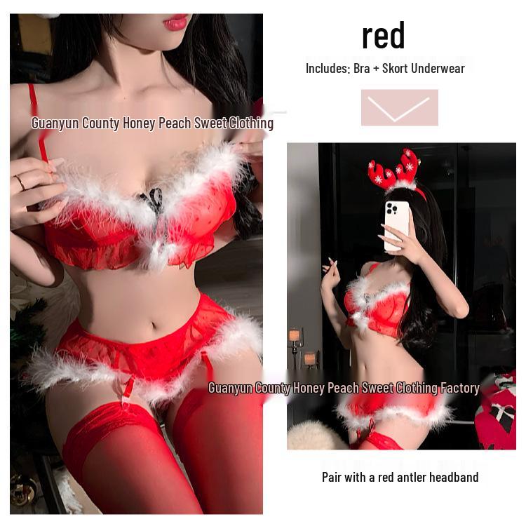Sexy Fishnet See-Through Lingerie with Garter Belt & Fluffy Christmas Role-Play Bikini
