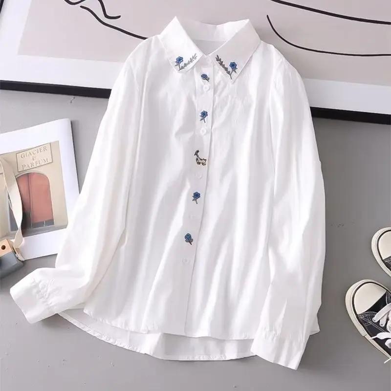 

Женская рубашка с длинным рукавом Базовая рубашка Корейская Уменьшающая возраст Универсальная Новая Весна Осень Вышитая Синяя Мелкий Цветок Полностью Хлопок S