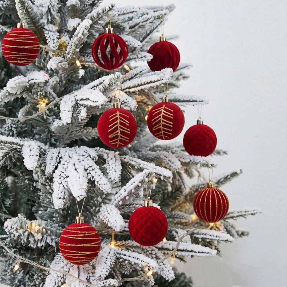 12PCS Flocked Finish Hollow Ornament Pendant Red Color Velvet Tree Bauble  Christmas Tree