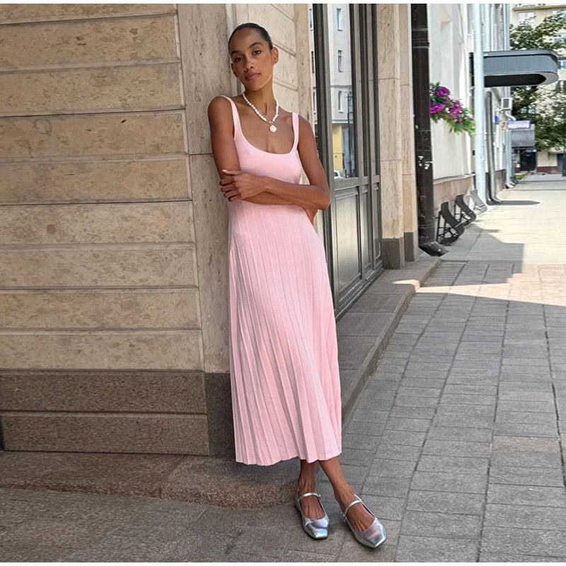 Elegant Knitted Long Dress Women Sleeveless Backless Slim A-line Solid Color Dresses