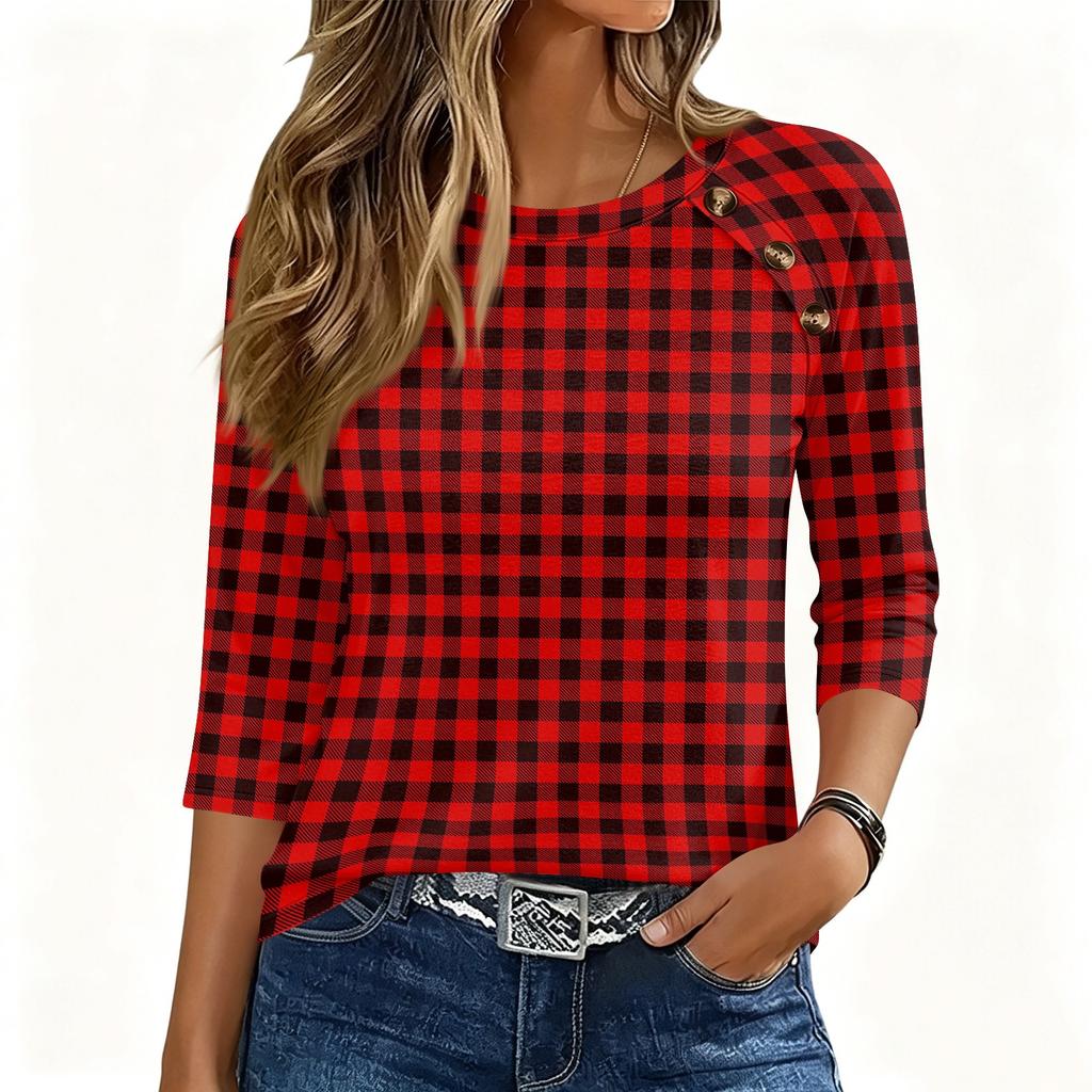 Women 34 Sleeve Crew Neck Button Decor Top Geometric Pattern Casual Loose Fit Blouse for Daily Wear Office Travel