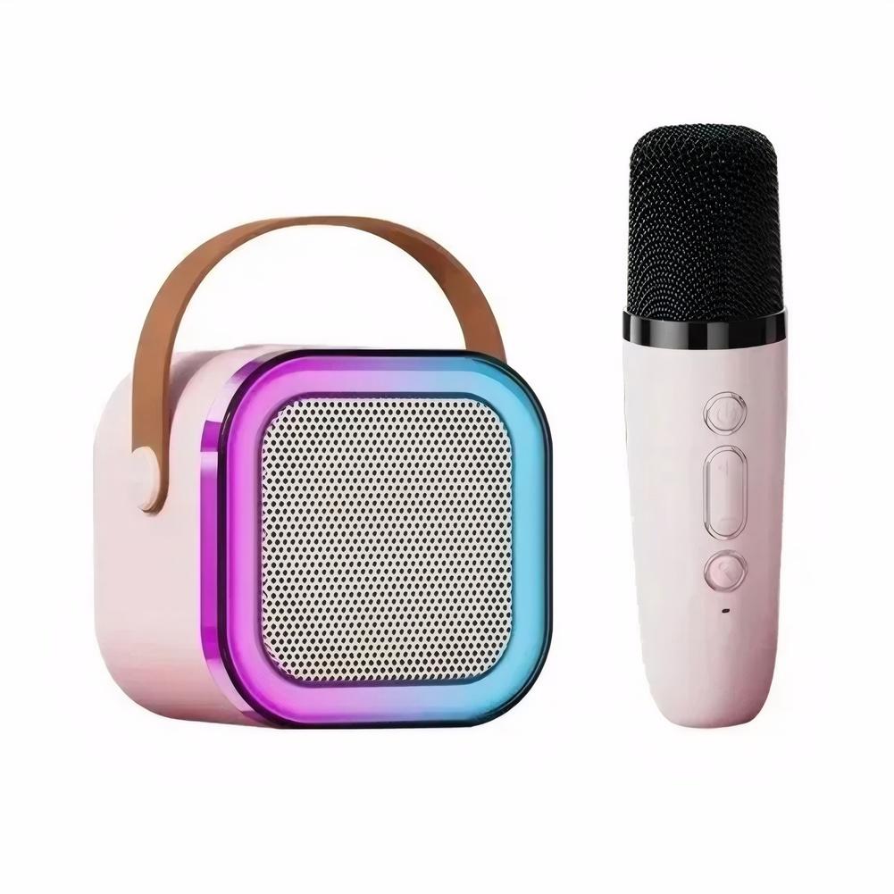 Bluetooth-Compatible 5.3 Mini Home Theater Speakers with Wireless Mic Small Speaker Adjustable LED Lights for Home Karaoke