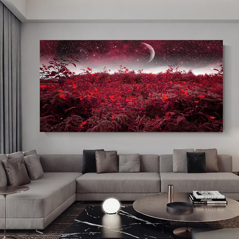 Lacuri și copaci roșii moderni sub cerul înstelat pictură pe pânză peisaj roșu pentru birou, sufragerie, artă de perete, decor Cuadros