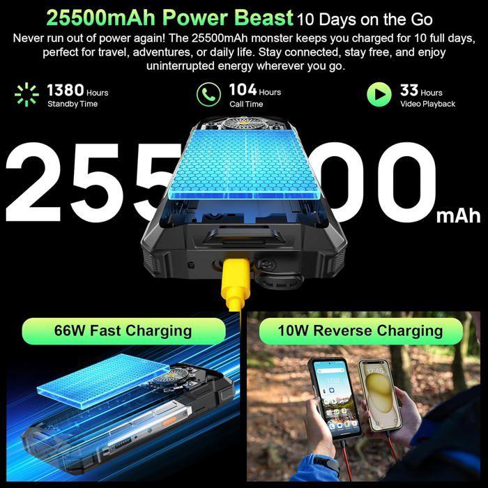 Ulefone Armor 33 Téléphone Portable Incassable 24Go+512Go 6,95" 25500mAh Smartphone Robuste 64MP 118dB Speaker Dural SIM/NFC, Noir