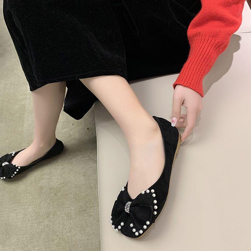 Square Toe Shoes for Women Black Pearl with Bow Woman Flats Deals Offers Comfortable and Elegant Vulcanized Shoe Designer Luxury