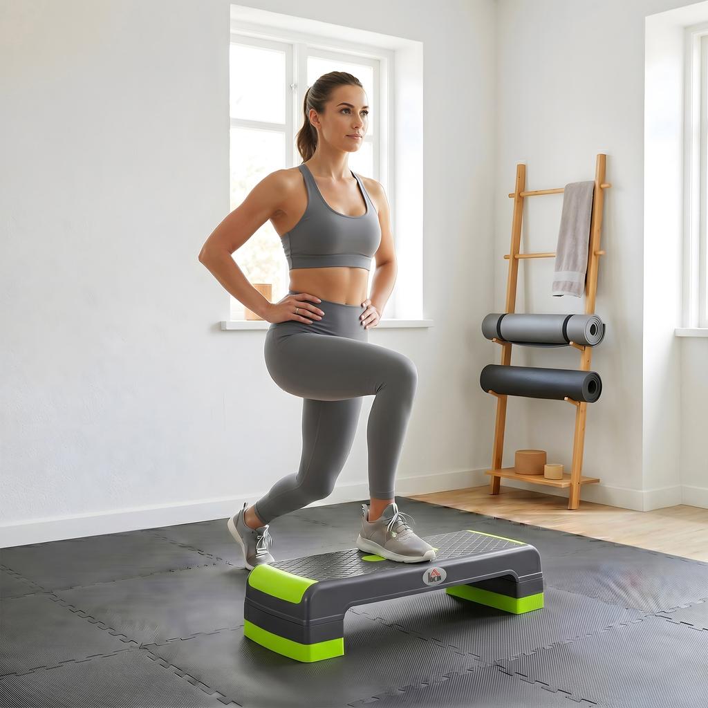 Aerobic Step with 3-Level Adjustable Heights for Home, Office Exercise, Grey and Green