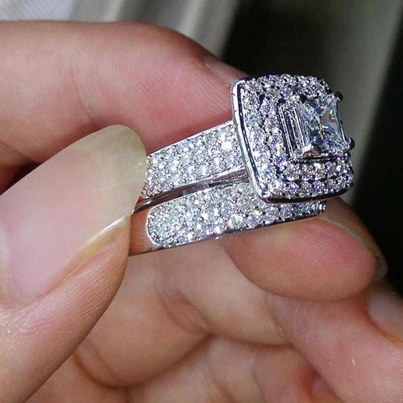 Luxury Fashion Wedding Rings for Women 2Pcs/Sets Full Shiny Tiny CZ Jewelry for Engagement High-quality Accessories Gift
