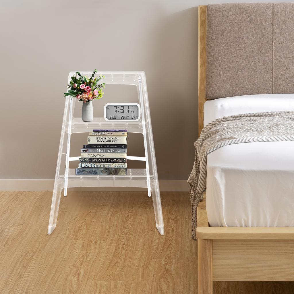 3-Step Folding Herringbone Design Ladder Stool with Storage Shelf, Clear Color, Non-Slip Pedals & High Weight Capacity 220 lbs