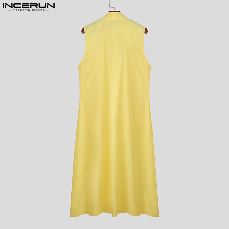 INCERUN Men Satnd Neck Sleeveless Open Front Decorative Buttons Casual Long Cardigan