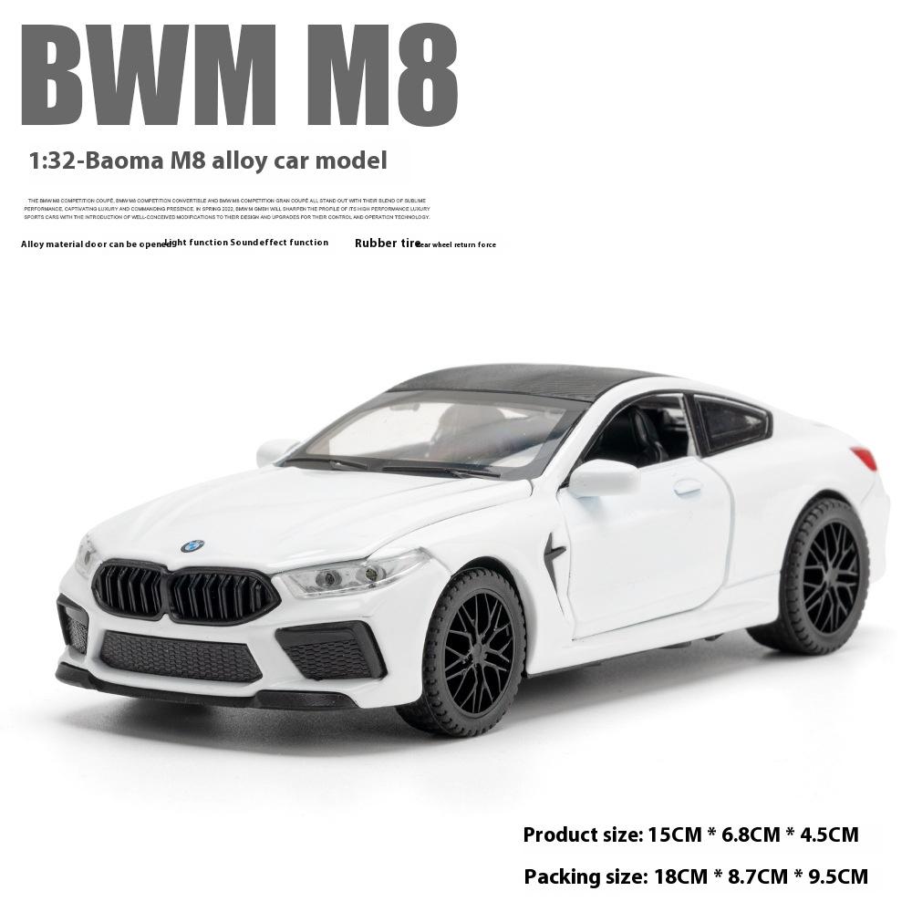 Model samochodu ze stopu BMW M8 w skali 1/32, Dźwięk i światło, Akcja sprężynowa, Zabawka do pokoju zabaw dla dzieci i przedmiot kolekcjonerski