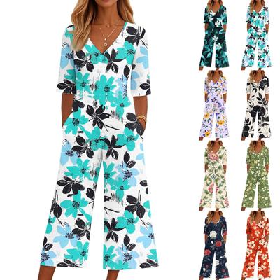Women's Loose Casual V-Neck Printed Jumpsuit Slim Fit Wide Leg Jumpsuit Wide Leg Jumpsuit