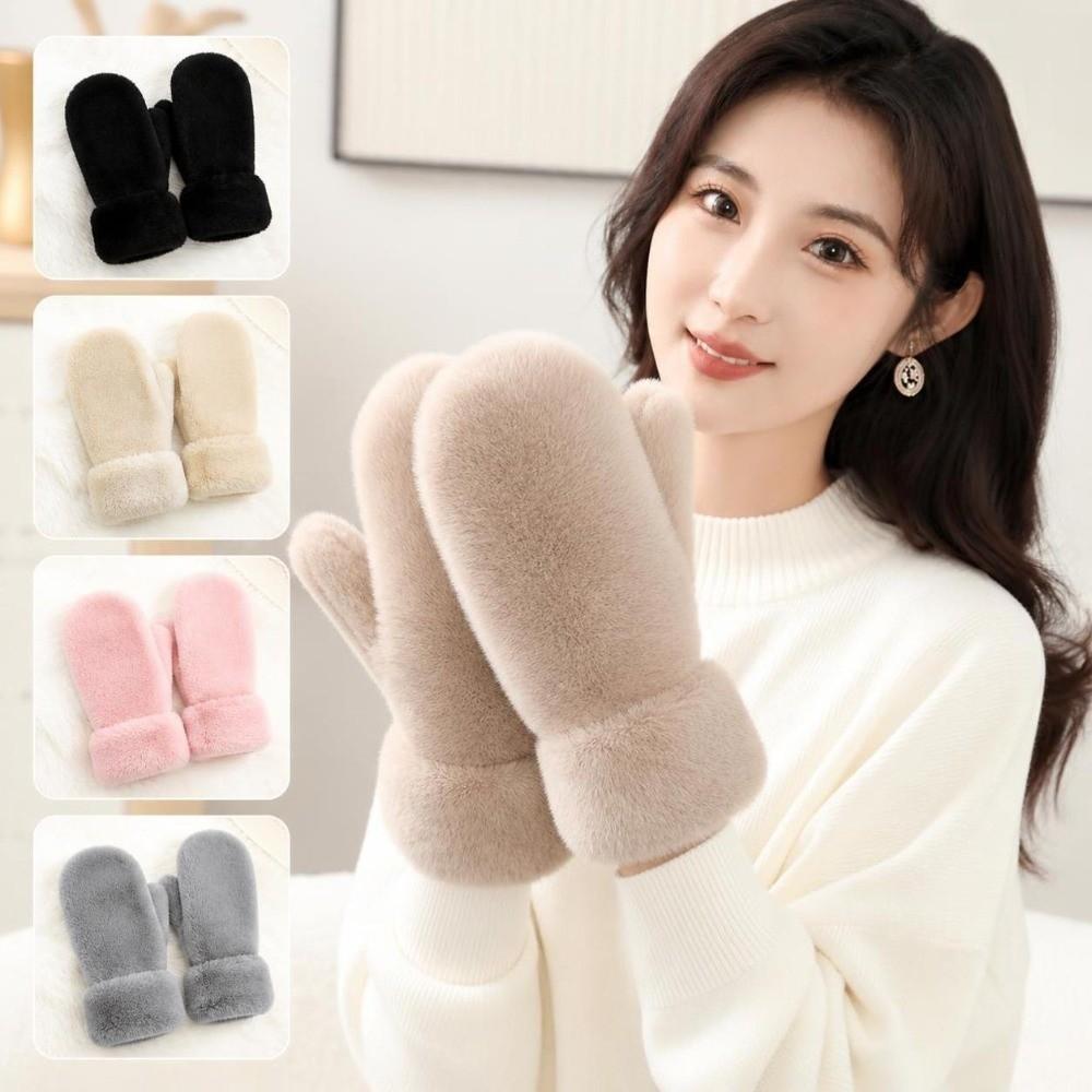 1pair Thickened Plush Gloves Soft Winter Mittens Simple Full-Finger Gloves Women