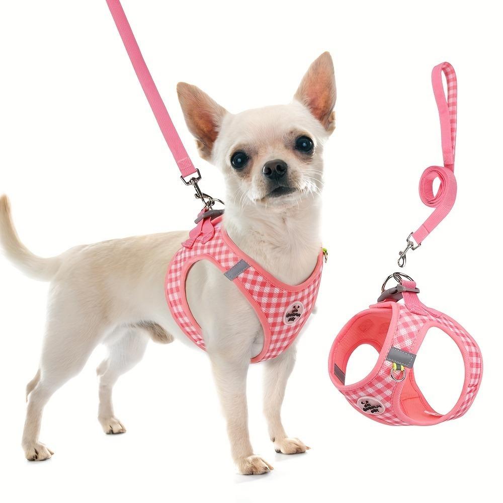 

1PACK reflective plaid dog harness and leash breathable mesh safety leash buckle for small dogs under 4 feet of leash S рожевий
