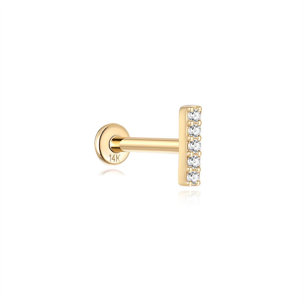14K Gold Wind Single Row Straight Diamond-Set Puncture Internal Thread Flat Bottom 18G Earbone Stud Gold Earrings