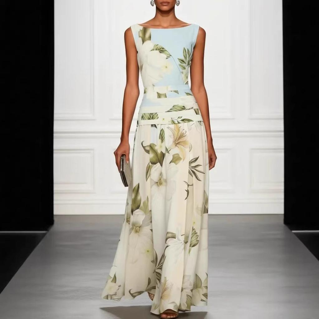 European and American summer 2026 sexy v-neck retro flower print women's dress sleeveless backless waist dress