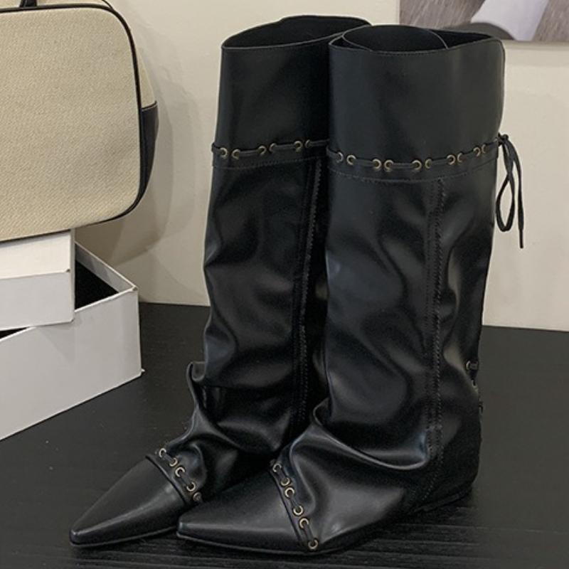 

Модные осенне-зимние женские сапоги до колена с острым носком, панк, винтаж, дизайнерские, на шнуровке, высота стельки, танкетки, каблуки, обувь 35 чёрный