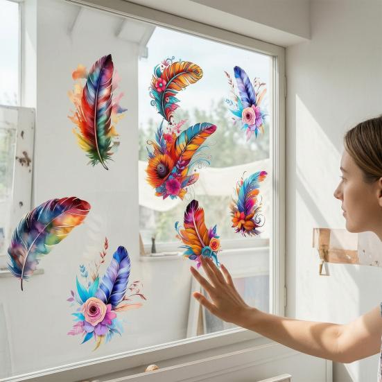 Watercolor Feather Flower Pattern Window Sticker, Transparent Electrostatic Adhesion Glass Decal, Waterproof Scratch-Resistant Decorative Film