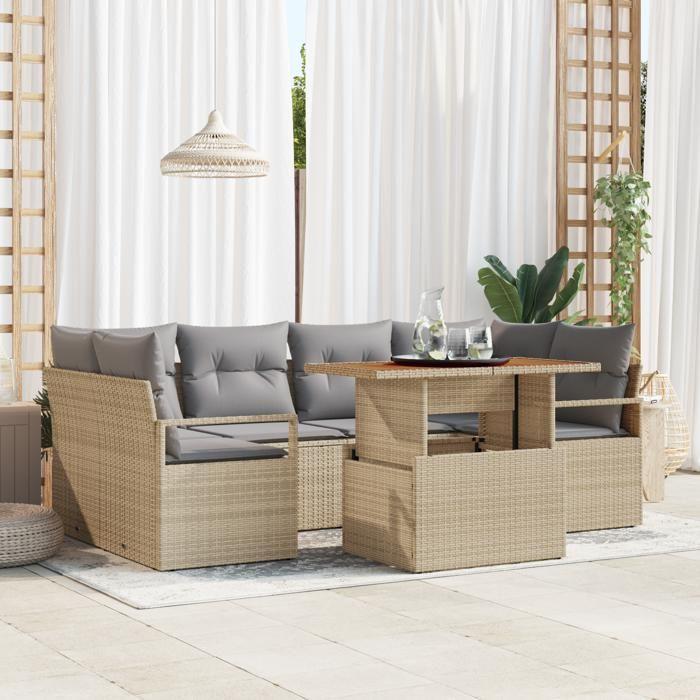 Canapé de jardin 7 pièces vidaXL avec coussins rotin poly beige acacia, Canapé jardin 2 places vidaXL avec coussins rotin 3349664