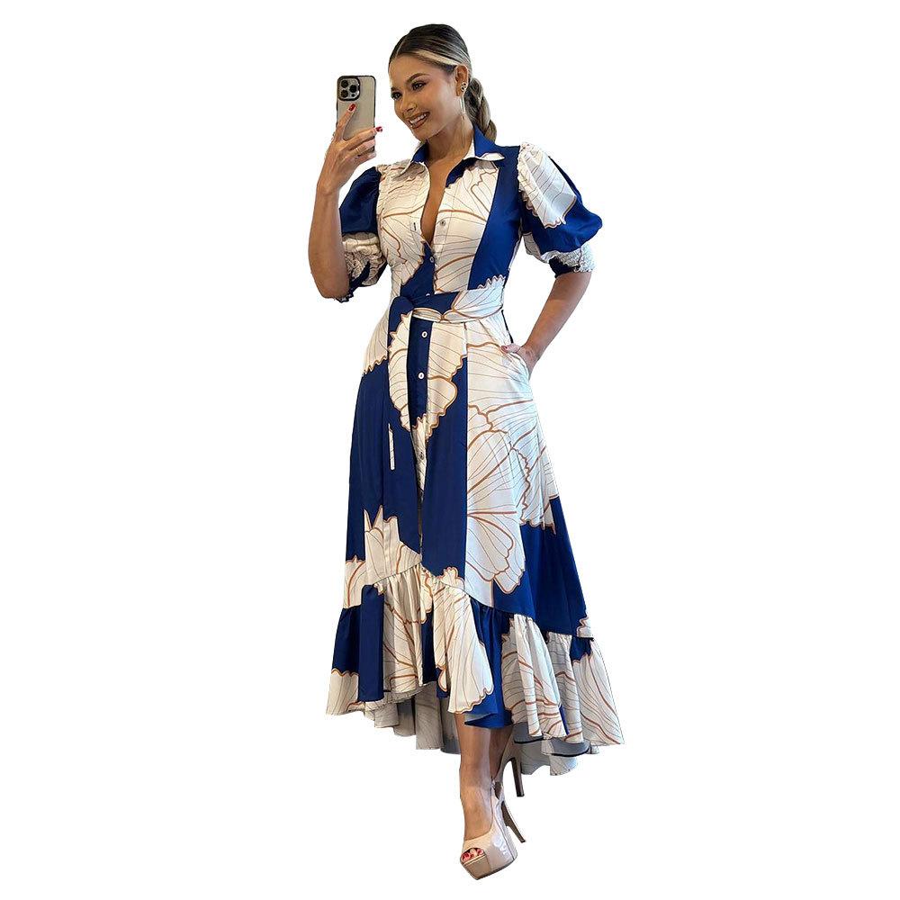 Women s Collar Puff Sleeve Printed Shirt Dress High Waist Belted Irregular Ruffle Hem Midi Dress With Pockets S