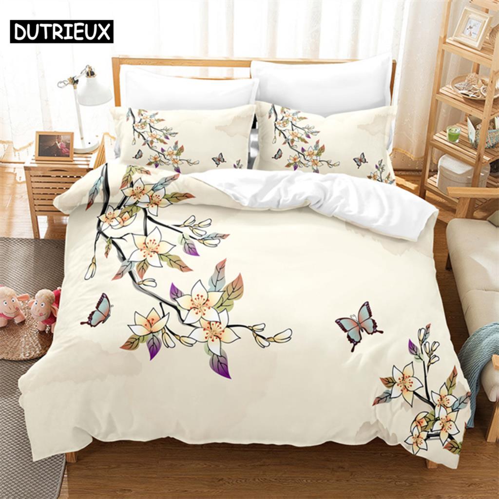 Comforter Blue Flower Butterfly Queen Bedding Kids Bedroom Bed Set King Size Bedding Set