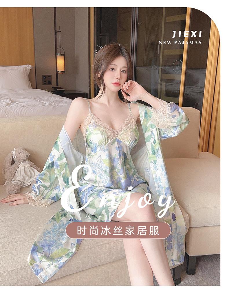 1111 Sweet Morning Flower Ice Silk Pajamas Pajamas Two Women's Summer Ice Ribbon Chest Pad Loungewear Three-piece Set