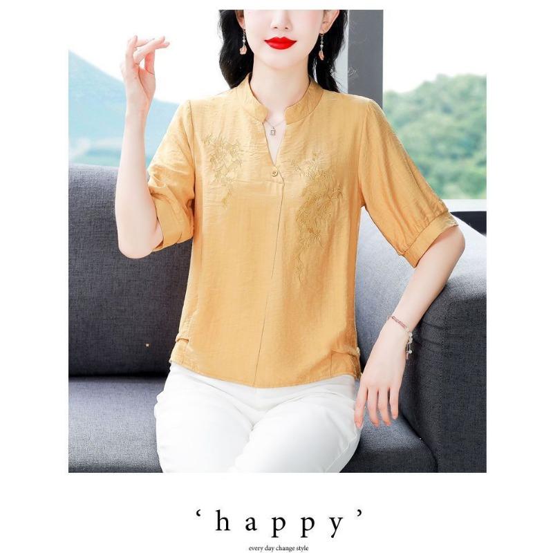 Damen-Mischgewebe-Bluse - Stehkragen Blumenstickerei Halbsleeve Top