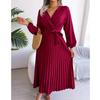 Elegant V Neck Long Sleeve Pleated Long Dress Women Autumn Office-lady Long Sleeve Loose Lace-up Dresses Fashion Clothes 29237