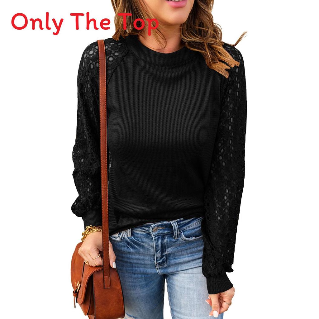 Elegant Long Sleeve T Shirt For Women With Lace Patching Polyester Splicing For Winter Wear