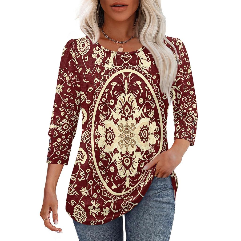 Damen Freizeit Oberteil Lockere Passform Dreiviertelarm Rundhalsausschnitt Bluse Leichter Bequemer Stoff Stilvolles Gemustertes Design
