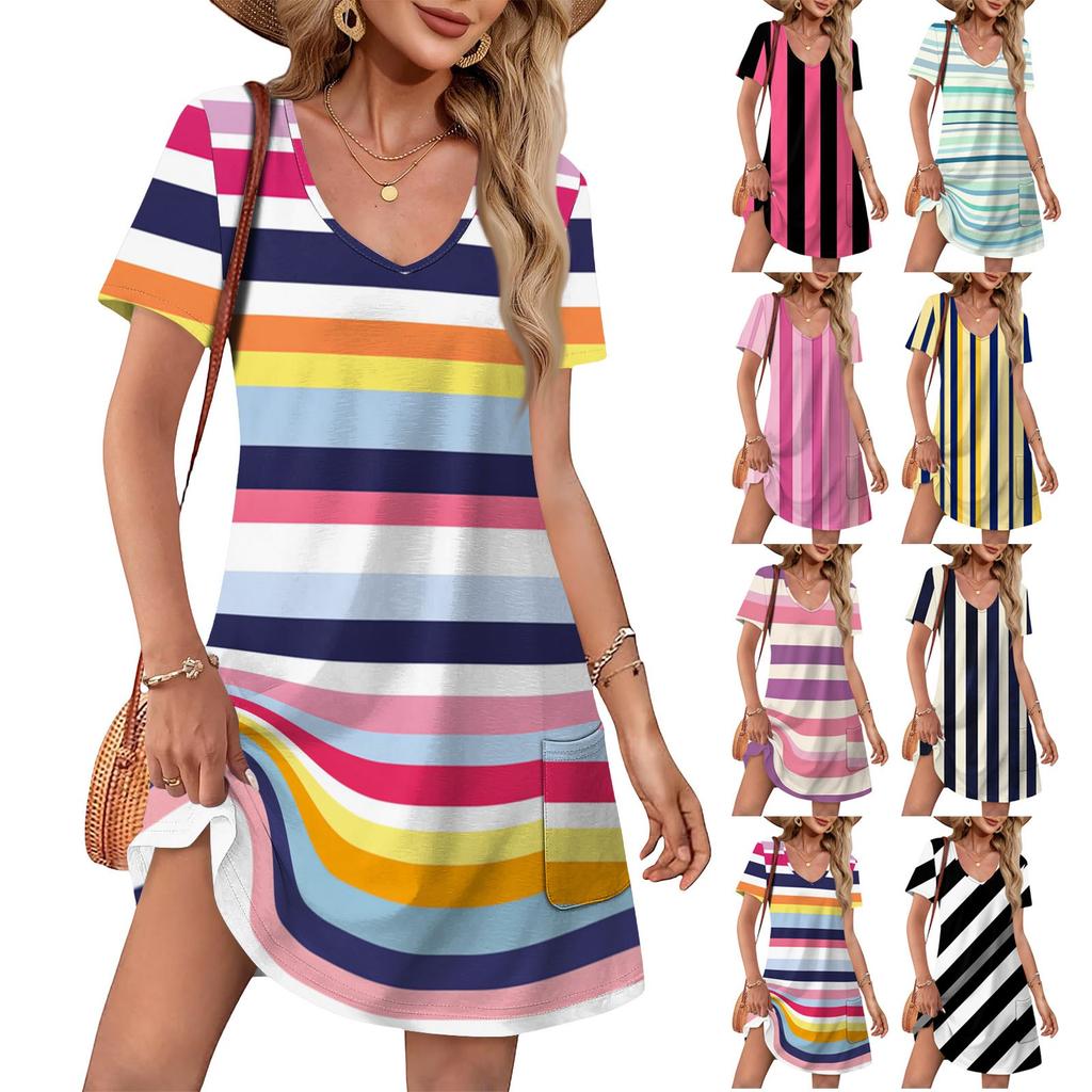 Women's Summer V-neck Casual Beach Dress Short Sleeve Plaid Print Dress