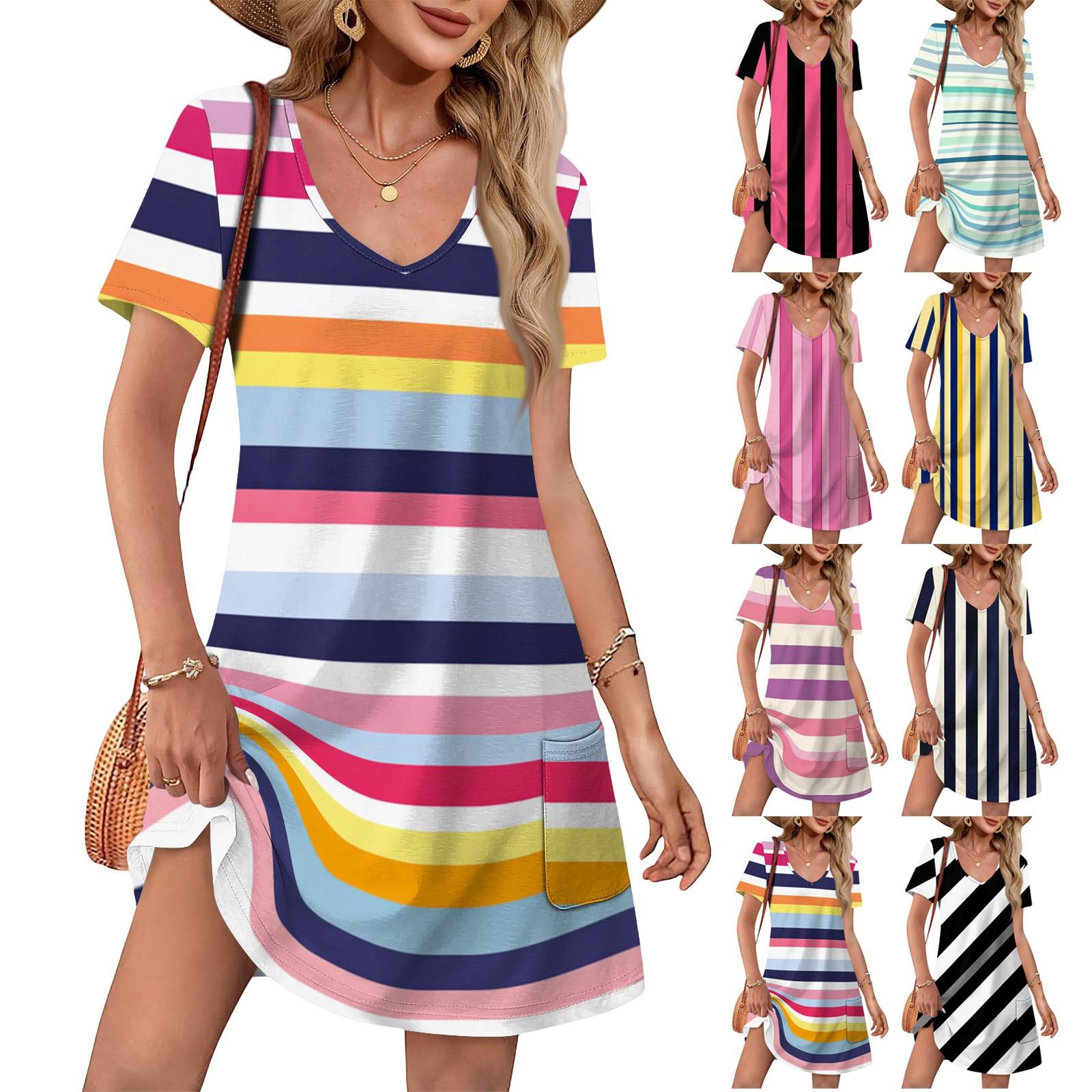 

Women s Summer V-neck Casual Beach Dress Short Sleeve Plaid Print Dress L