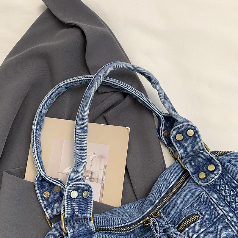Vintage Denim Handbag with Braided Details Large Capacity Shoulder Crossbody Bag for Women
