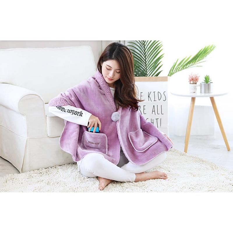 Autumn  Winter Multi Functional Shawl Blanket Office Nap Blanket Thick Flannel Lamb Wool Blanket Knee Blanket Fur Ball Pocket Mantle Shawl
