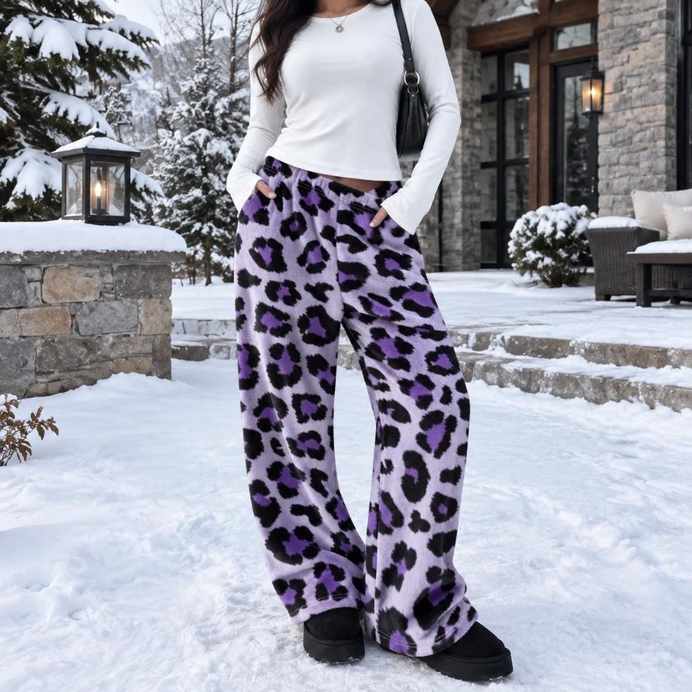Wide Leg Women Pajama Pants Fuzzy Casual Plush Trousers Trendy Winter Home Pants  Everyday Outfits