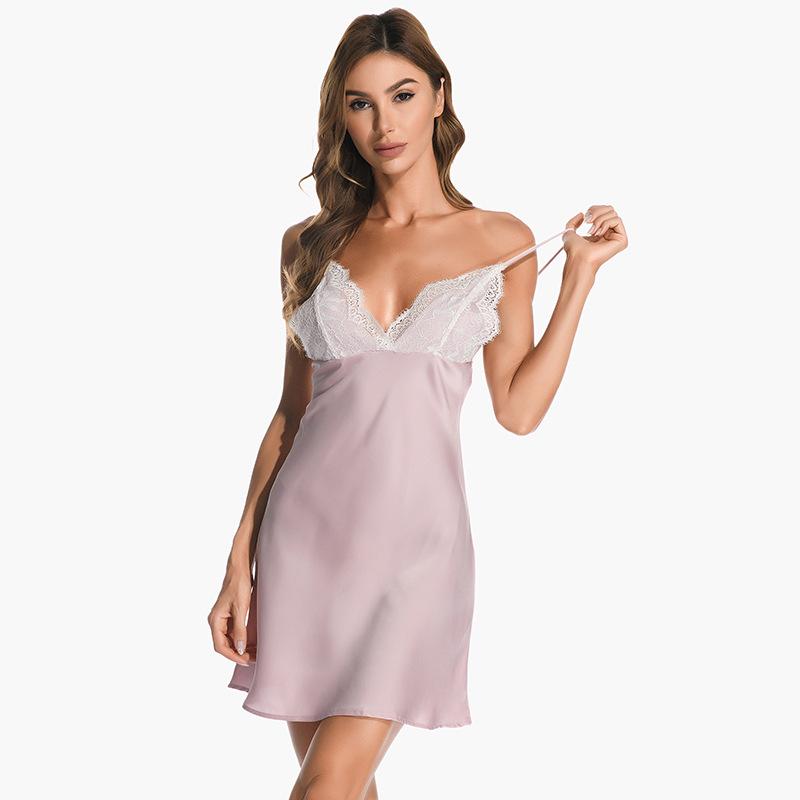 Luxury pajamas women's sexy deep V ice silk nightgown thin lace suspender nightdress home bathrobe two-piece set