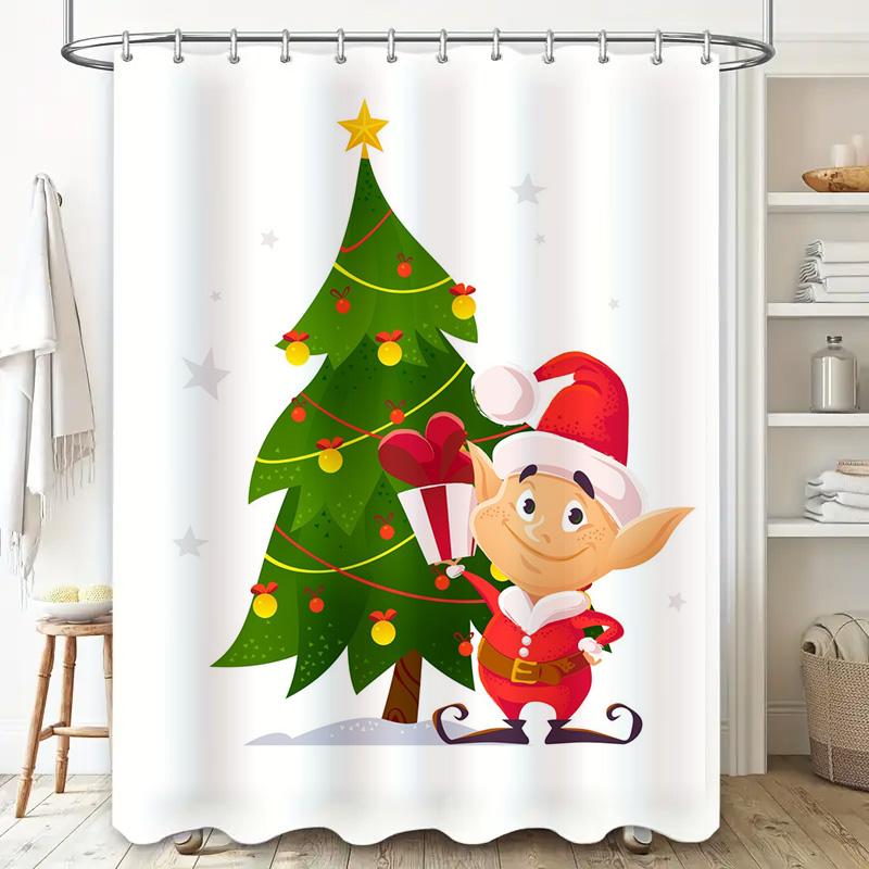 Tu Christmas Elf Shower Curtain Festive Holiday Bathroom Decor Cute Santa Helper Holiday Gift Xmas Pattern Waterproof Fabric