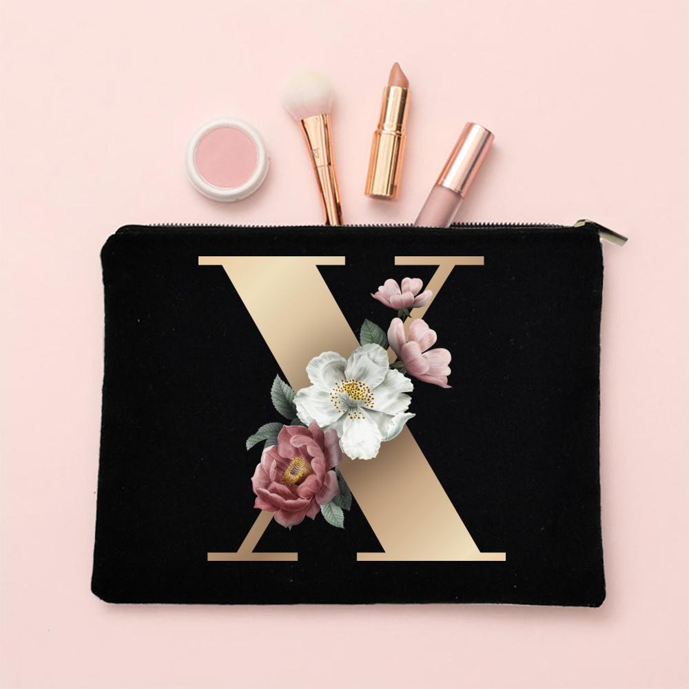 Alphabet Floral Makeup Bag Bridesmaid Maid of Honor Holiday Wedding Bachelorette Party Gift Canvas Cosmetic Zipper Storage Pouch
