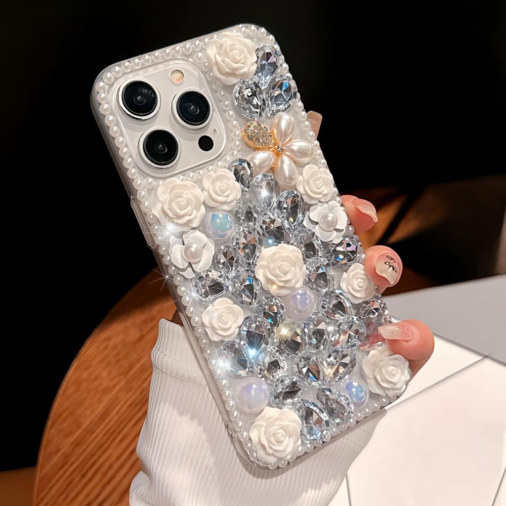 Glitzer Bling Handyhülle Für Google Pixel 10 9 Pro XL 9A 8 8A 7 7A 6 6A 3D Rose Blume mit Diamanten und Perlen Hülle