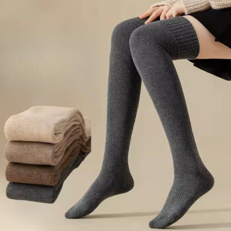 Korean Style Simple Solid Color Plush Thicken Stockings Female Winter Terry Thermal Casual Comfortable Slim-Fit Thigh High Socks