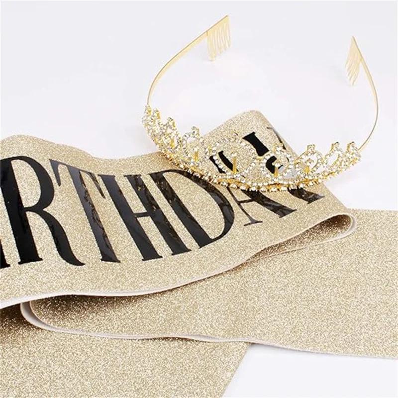 Bling Rhinestone Crystal Crown Birthday Anniversary Decoration Happy 18 21 30 40 50th Satin Sash Party Supplies