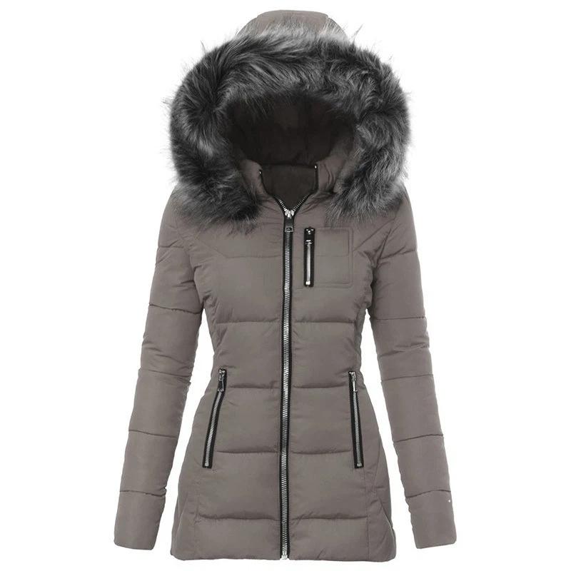 Damen Kapuzen Daunenmantel Kunstpelzkragen Reißverschluss Slim Fit Gepolsterte Jacke Winddicht Warm Winter Mittellang Oberbekleidung